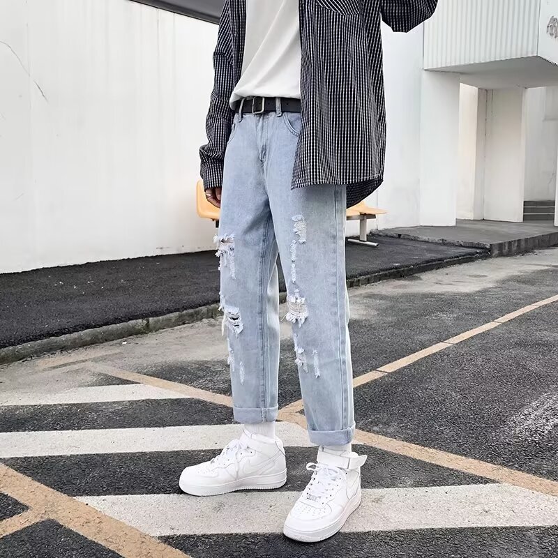 Ripped jeans men's spring trendy brand loose straight leg beggar American explosive street hooligan handsome pants