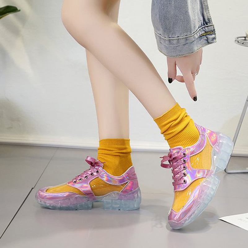 HBP Transparent Glitter Crystal Sole Flat Casual Shoes Cross Tied Women's Shoes Low Help Front Tie Color Blocking Ping He Round Head Sports Style