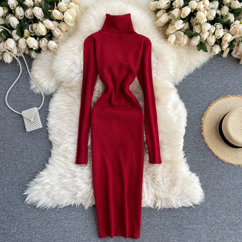 Dresses for Women Sexy Turtleneck Knitted Bodycon Dres Autumn Winter Long Sleeve Sweater Dress 240717