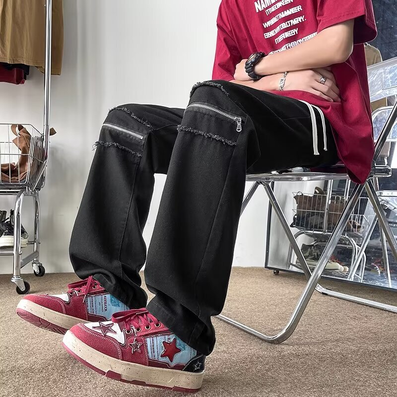 American style jeans with holes, ins high street knee zipper, Korean version spring and autumn straight leg pants, loose patch men's pants