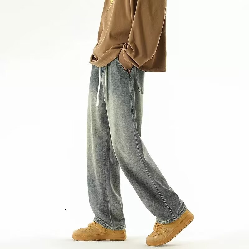 Jeans 2023 new style American loose straight wide leg autumn and winter, trendy hanging pants for men
