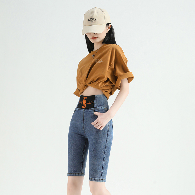 5569 denim shorts in summer, new high waisted, tight fitting, lightweight, elastic straight leg over the knee five quarter pants for women