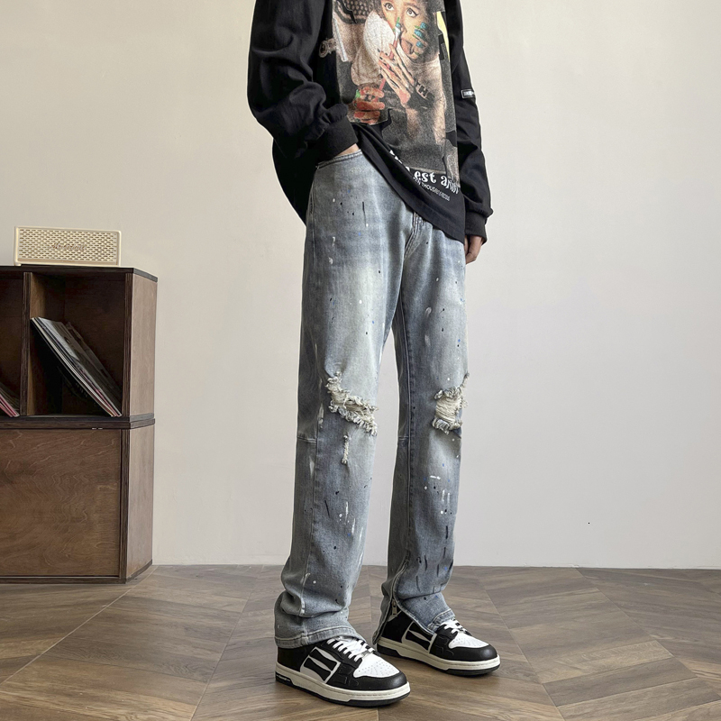 Men's jeans, teenage Korean version, ripped hole, slim fit, splashed ink, casual small leg pants for men