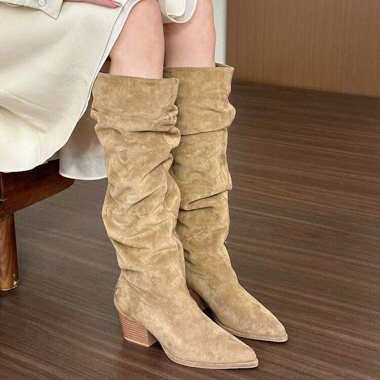 HBP spicy girl khaki pointed toe thick heel pile up long boots for women in autumn 2024 heel hight 6-8cm