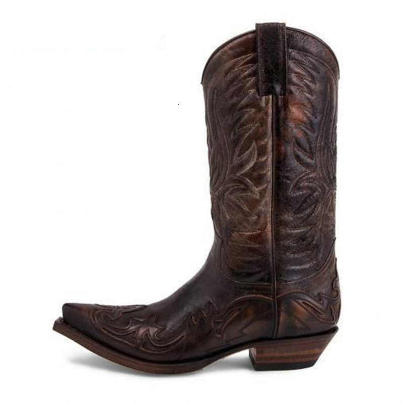 Men's Western Cowboy Males Pointed Toe Outdoor Mid-Calf Handmade Retro Shoes Black White Boots For Men Zapatos De Hombre