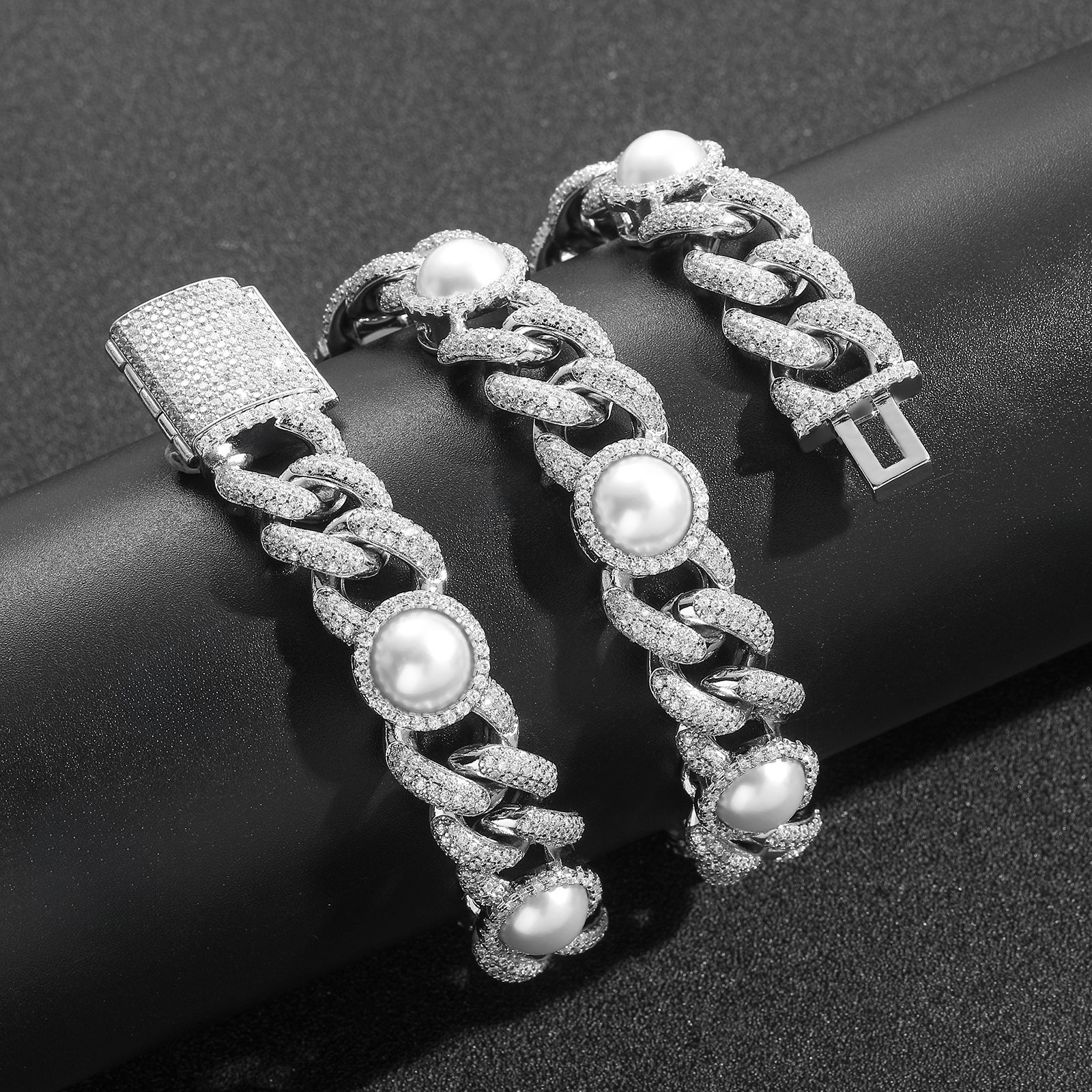 Hip Hop High Quality Pearl Cuban Chain Necklace Bracelet 5A Zircon 18k Gold Plated Jewelry Set
