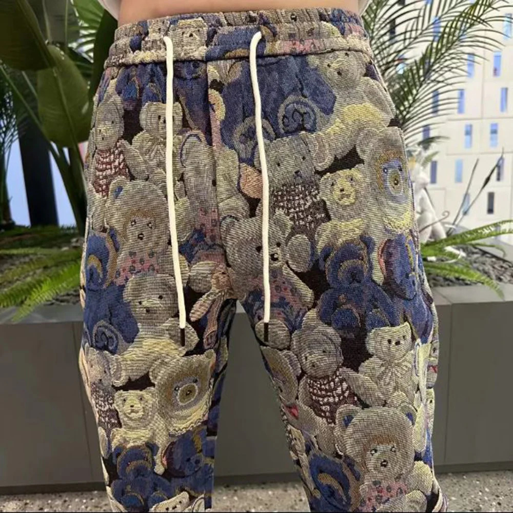 Autumn Mens Bear Embroidered Y2k Ankle-Tied Pants Essential Casual Trendy Youth Fashion Street Slim Leggings For Men 240717