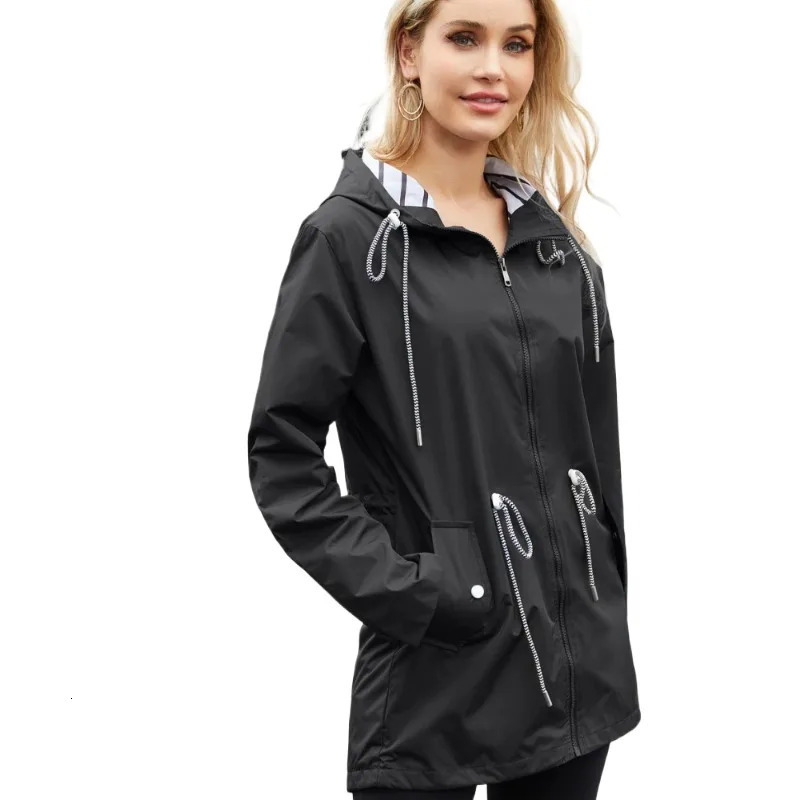 Womens Waterproof Raincoat Casual Basic Outdoors Trench Classic Zipper Long Windbreaker Outdoor Climbing Hooded Tops 240715