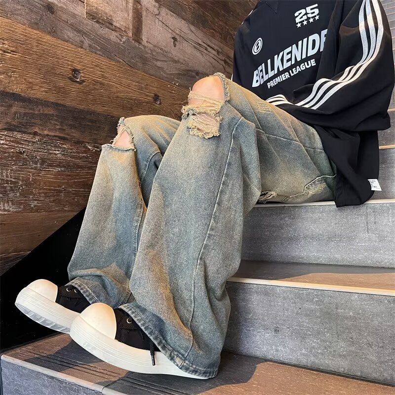 Hip hop ripped jeans men 2024 new summer American washed loose trendy brand casual pants
