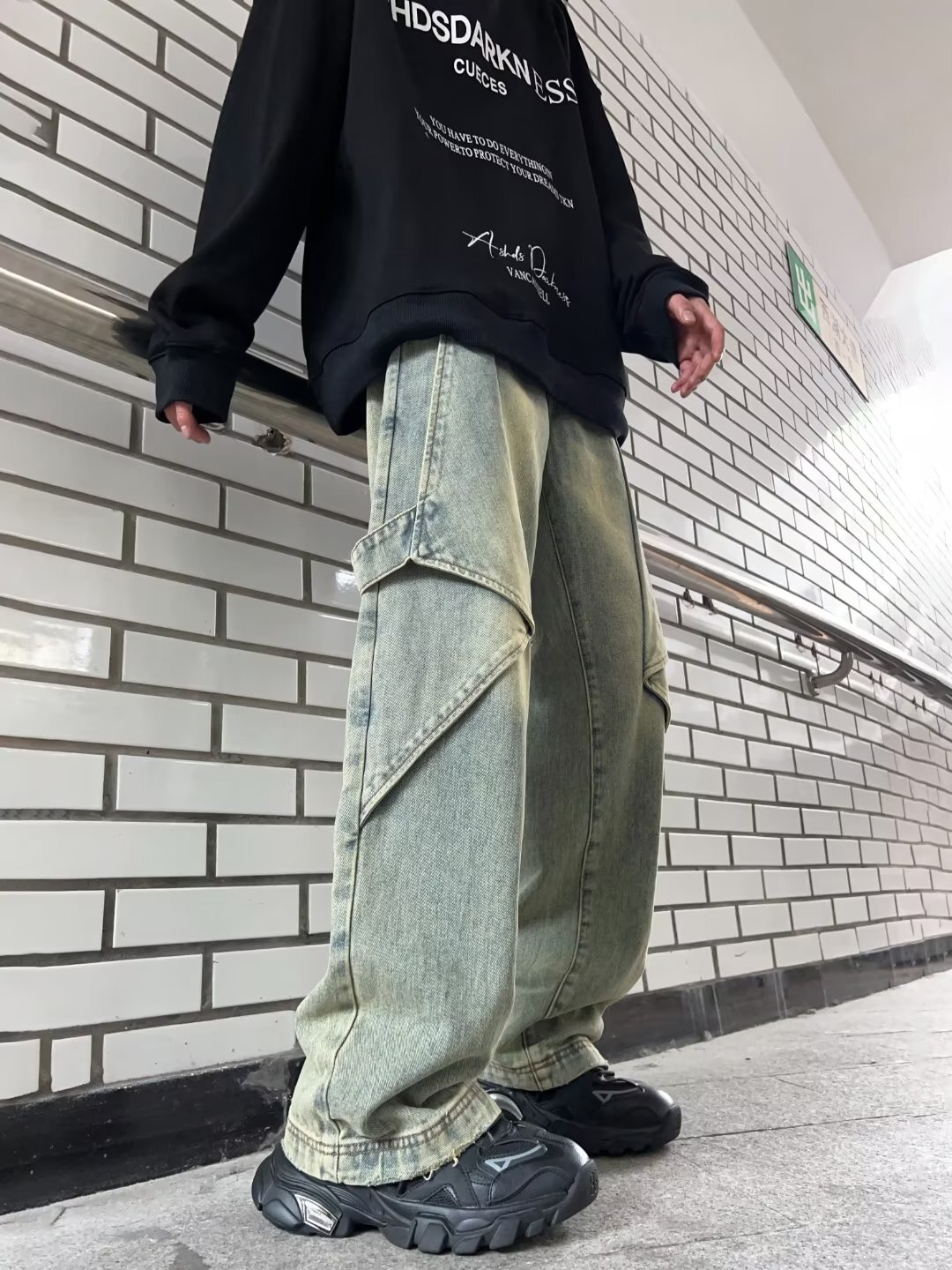 Washed yellow mud jeans for men and women with a niche design sense, American style straight leg work pants