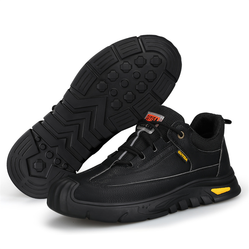 Black Leather Work Safety Waterproof Indestructible Steel Toe Cap Labor Shoes For Men Breathable Anti Smashing Sneakers