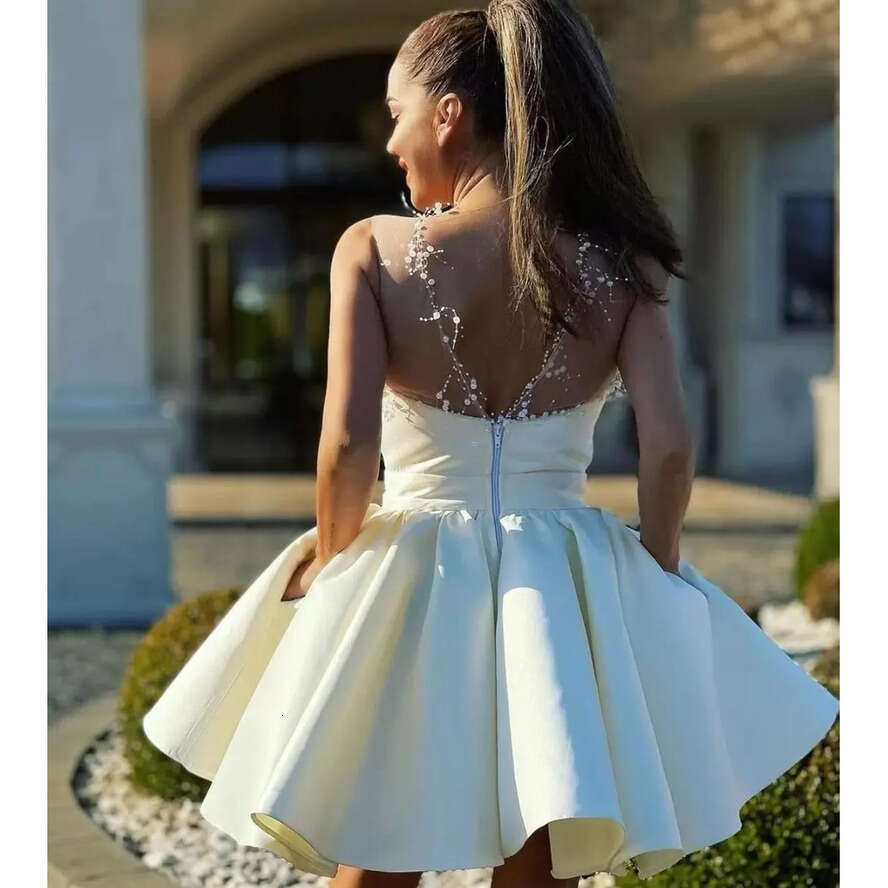 Neck Homecoming Sheer 2024 Dresses Beading Zipper Back Graduation Party Gowns With Pockets Ruched A Line Tail Short Prom Dress Bc14604 BM4005