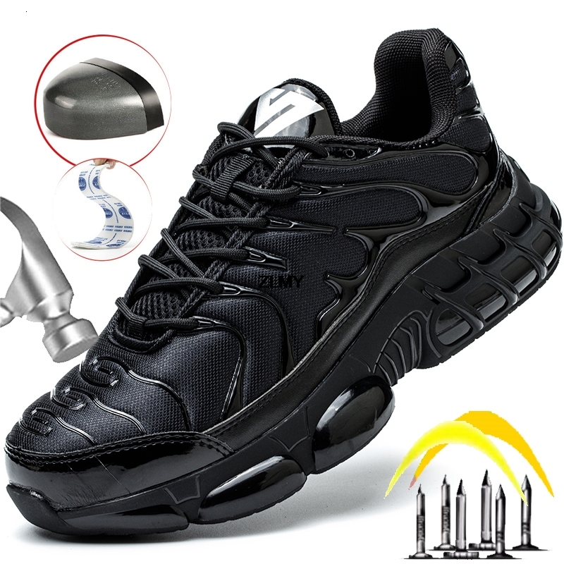Air Cushion Men Steel Toe Sneaker Puncture Proof Sport Shoes Man Safety Black Male Work Boots Plus Size