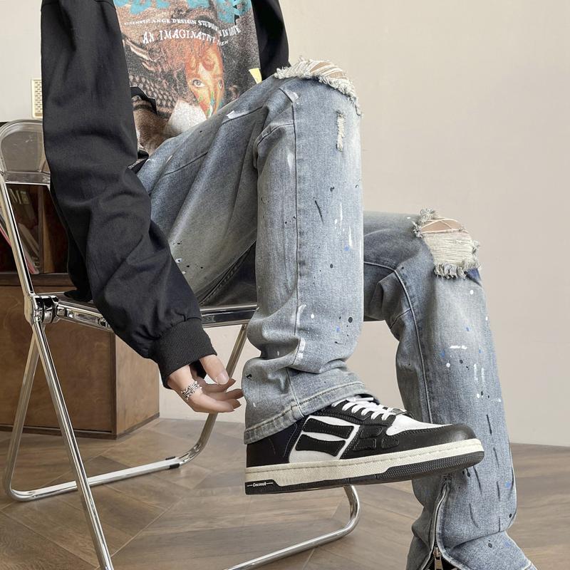 Men's jeans, teenage Korean version, ripped hole, slim fit, splashed ink, casual small leg pants for men