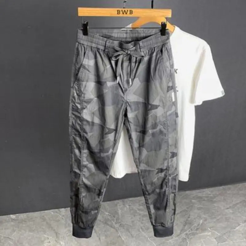 Summer High Street Y2K Printing Ankle Length Pants Man Fashion Elastic Waist Pockets Thin Style Street Motion Encil Pant 240717