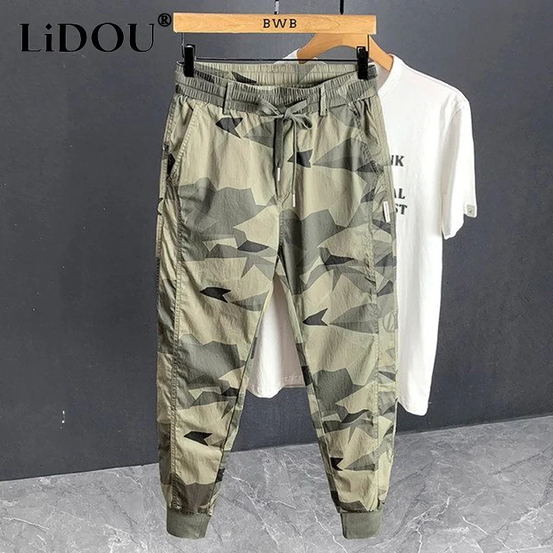 Summer High Street Y2K Printing Ankle Length Pants Man Fashion Elastic Waist Pockets Thin Style Street Motion Encil Pant 240717