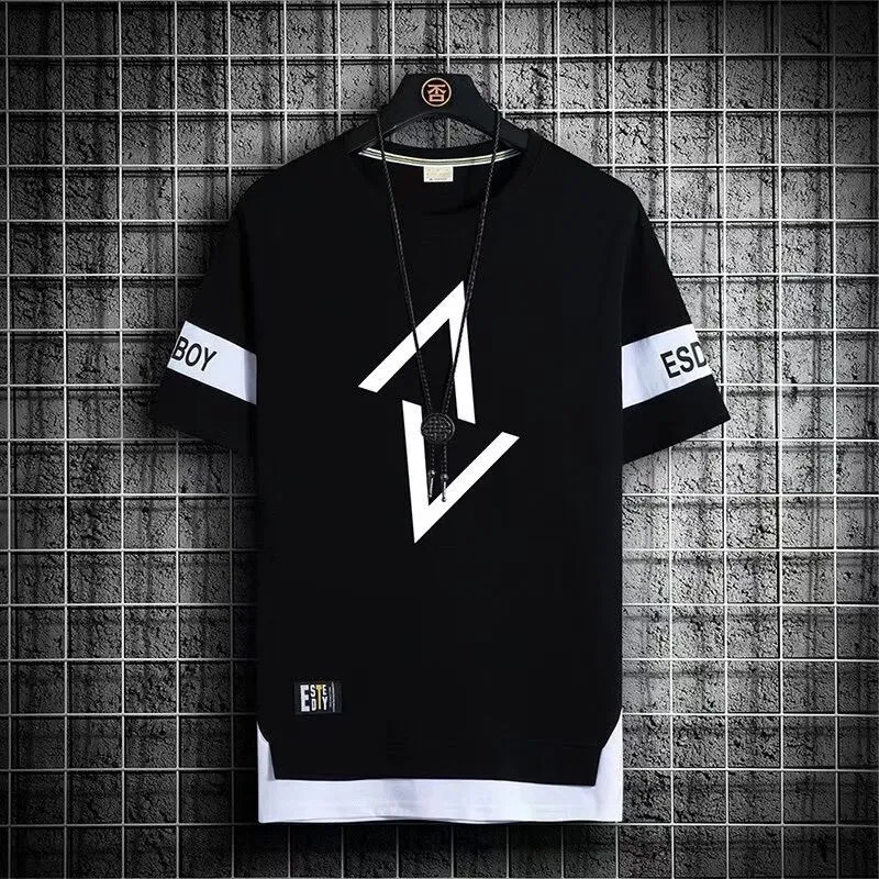 Two-piece Suit T Shirt for Men New Casual Sports Korean Version Loose Short-sleeved T-shirt Round Neck Pure Cotton Men's Trend