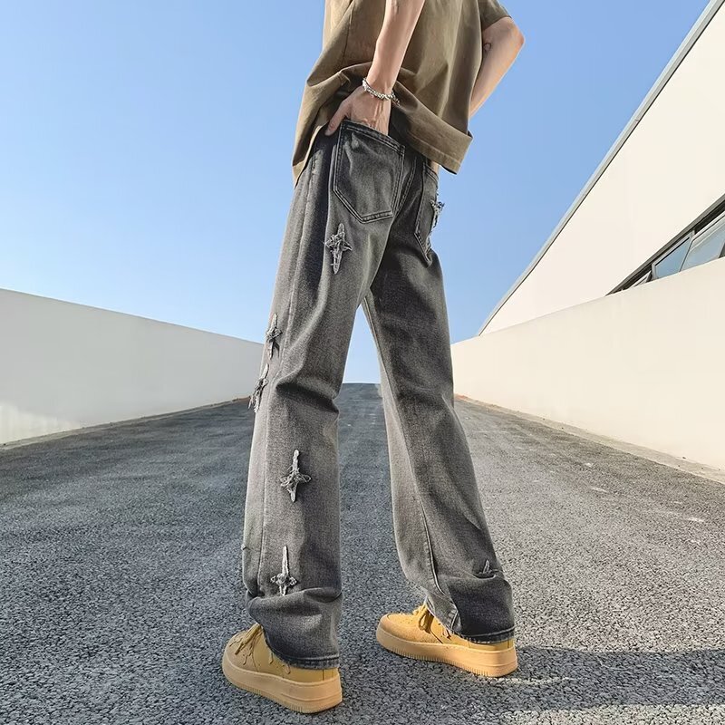 Yellow mud denim jeans straight oversize men's summer trendy brand ruffian handsome micro flared wide leg pants