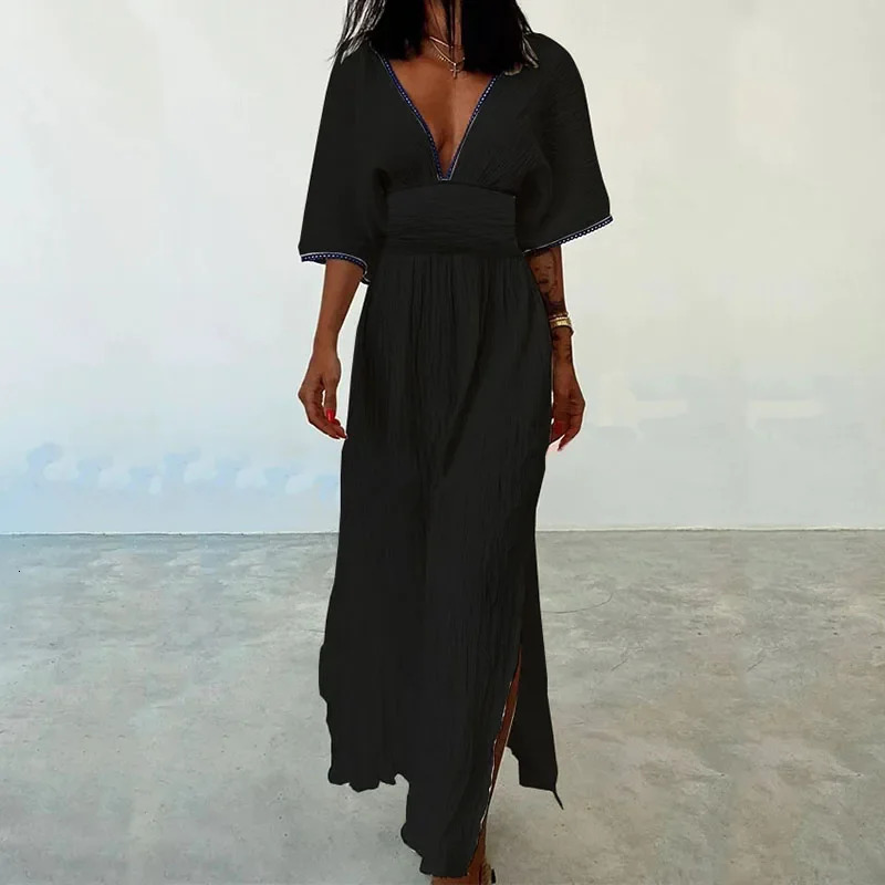 Women Vintage Solid Cotton Linen Dress Spring Deep Vneck Tunic Split Long Summer Batwing Sleeve Boho Maxi Dresses Vestido 240712