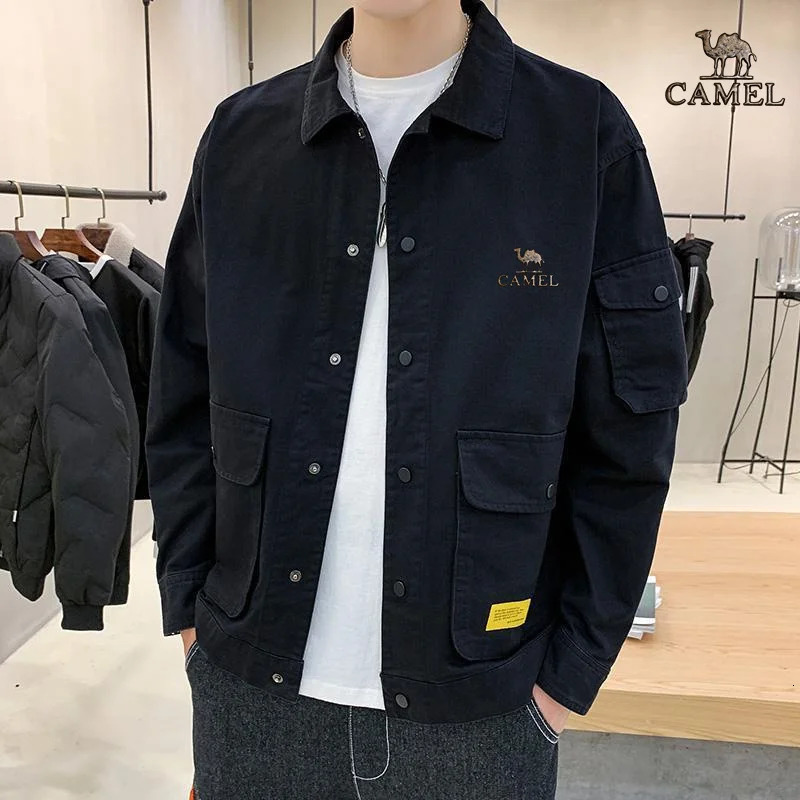 Camel Gold Label Mens Polo Neck Handsome Versatile Work Jacket Spring and Autumn Coat Korean Style Loose Top 240709