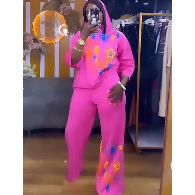 Fashion Women 2 Piece Sets Matching Stripe Printed Two Pieces Hoody Top Pants Suits Outfits Clothing 240710