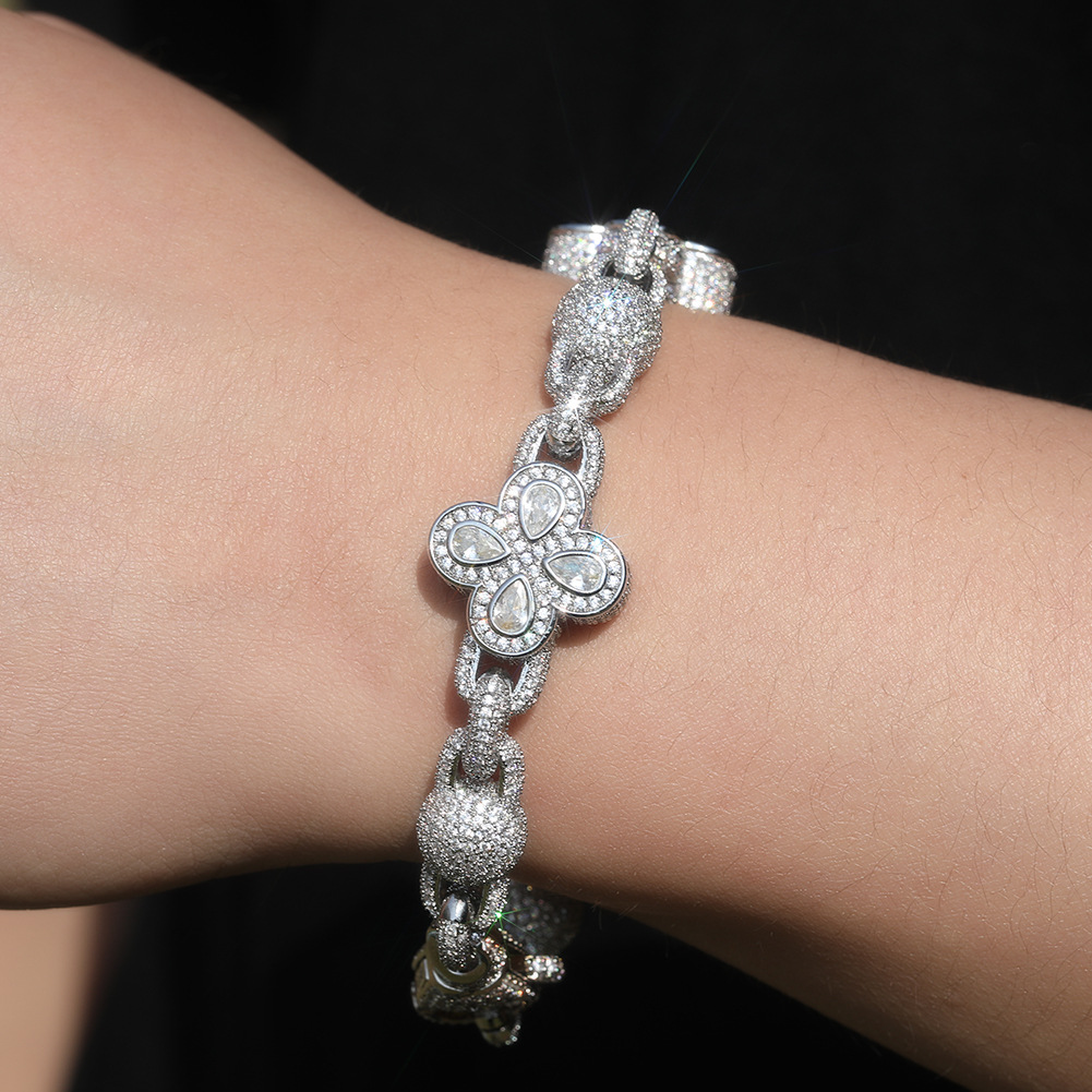 Hip Hop Cross Flower Cuban Chain Necklace Bracelet Jewelry Set 18K Gold Plated 5A Zircons Women Mens Jewelry