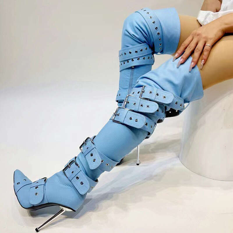 HBP Sexy metal high-heeled pointed belt buckle rivet knee high boots, oversized banquet and fashion boots