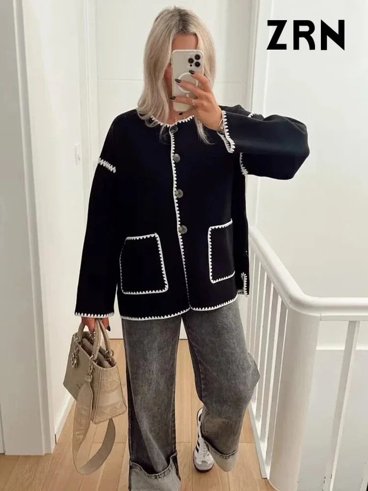 ZRN Women Fashion With Pockets Contrast Loose Woolen Jacket Coat Vintage Long Sleeve Buttonup Female Outerwear Chic Tops