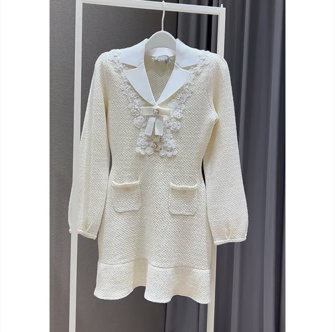 2024-Small Fragrant Knitted Collar Self Portrait Ivory White Long sleeved Short Skirt Lace Decoration Knitted Dress for Women