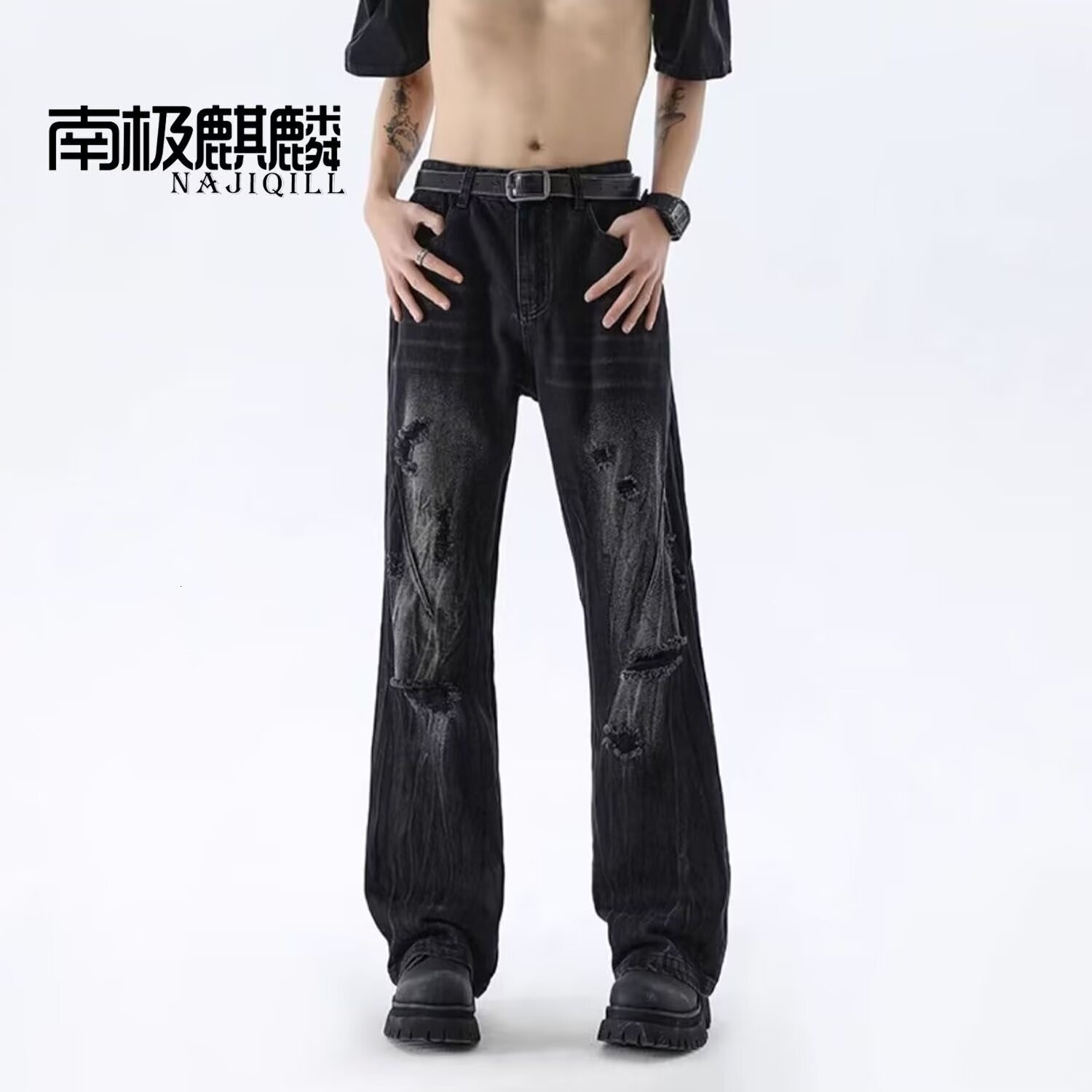 American style distressed beggar ripped jeans men's thin long washed loose straight leg micro flared pants