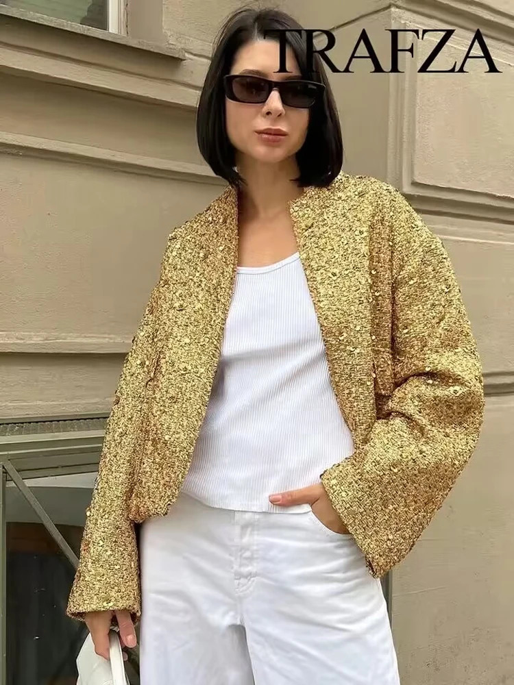 TRAFZA Women Trend Gold Sequin Decoration Loose Short Jacket Woman Fashion Coat Versatile Warm Chic And Elegant Female Coats