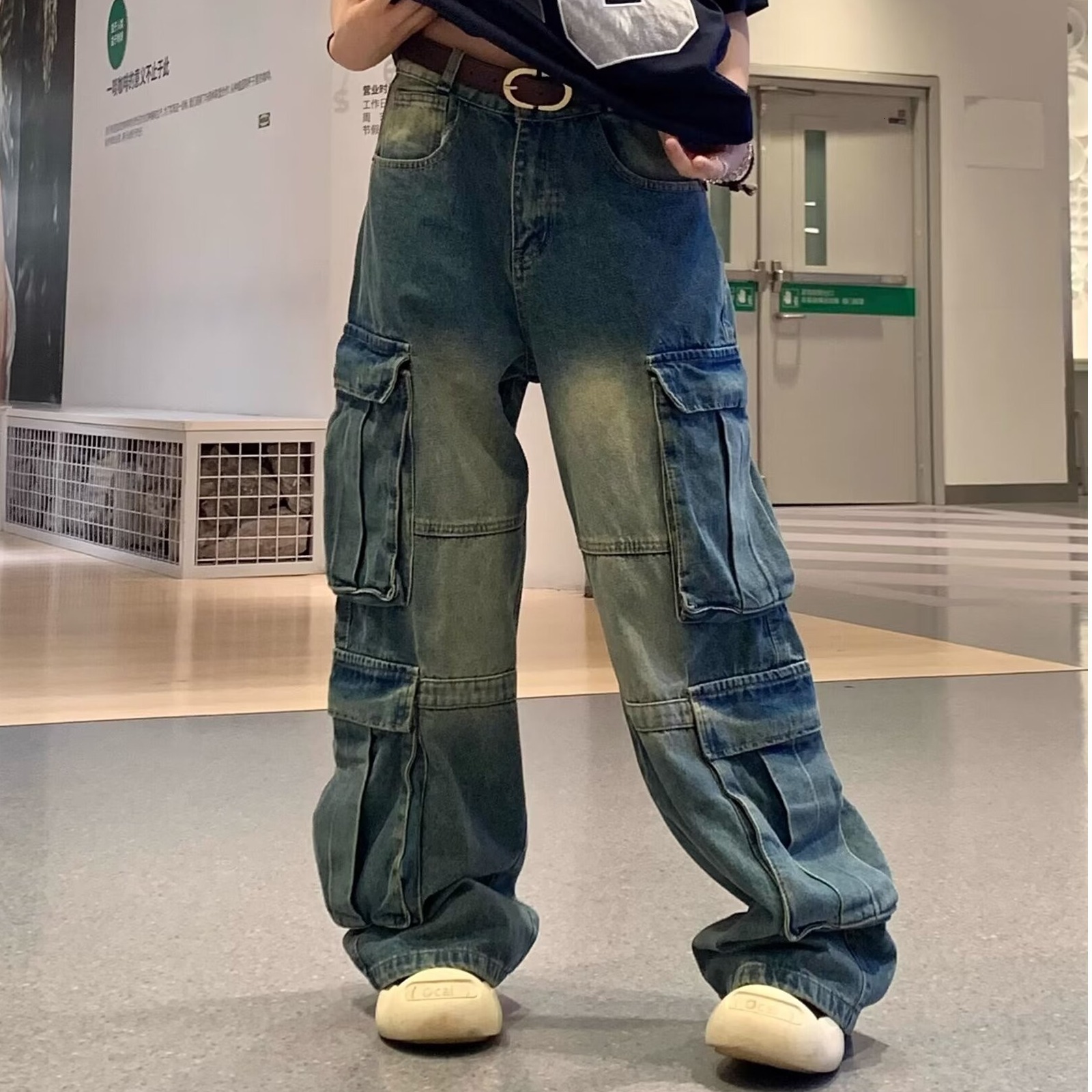 American style multi pocket workwear jeans for women in summer, street design, loose slimming, high waist and wide leg pants