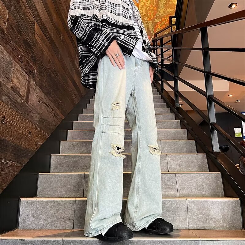 Vintage ripped jeans men's American high street straight trendy brand cool and versatile loose wide leg pants