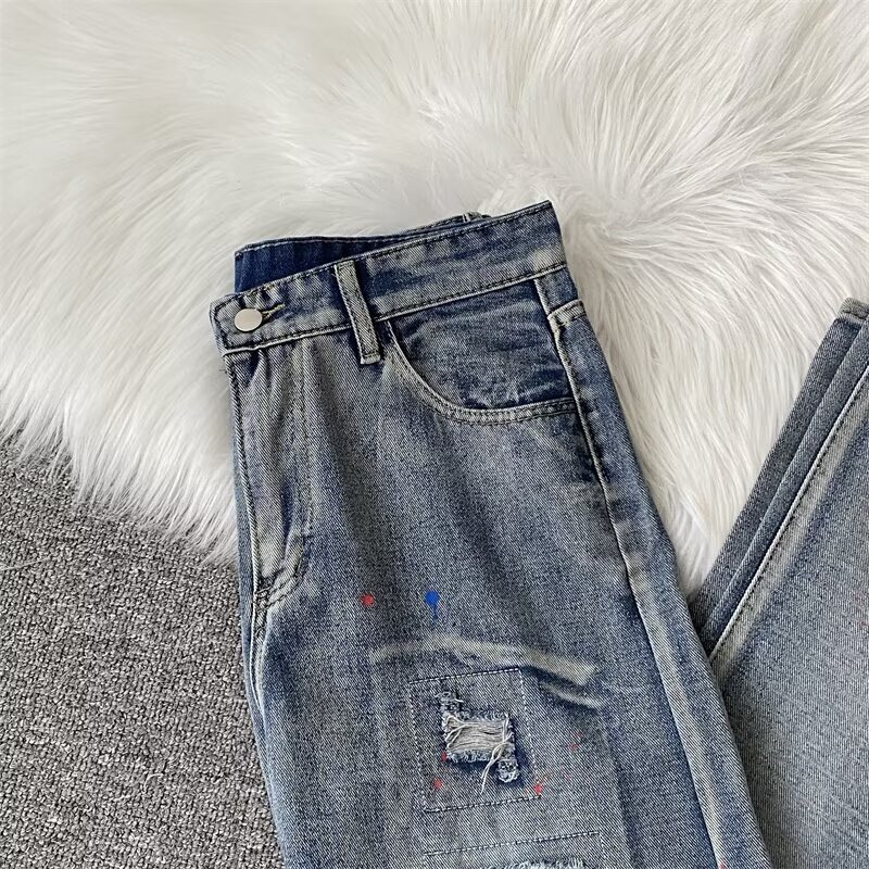 Jeans, men's trendy brand, slim fit, small feet, American high street, handsome, graffiti printed, ripped hole, spring and summer casual long pan