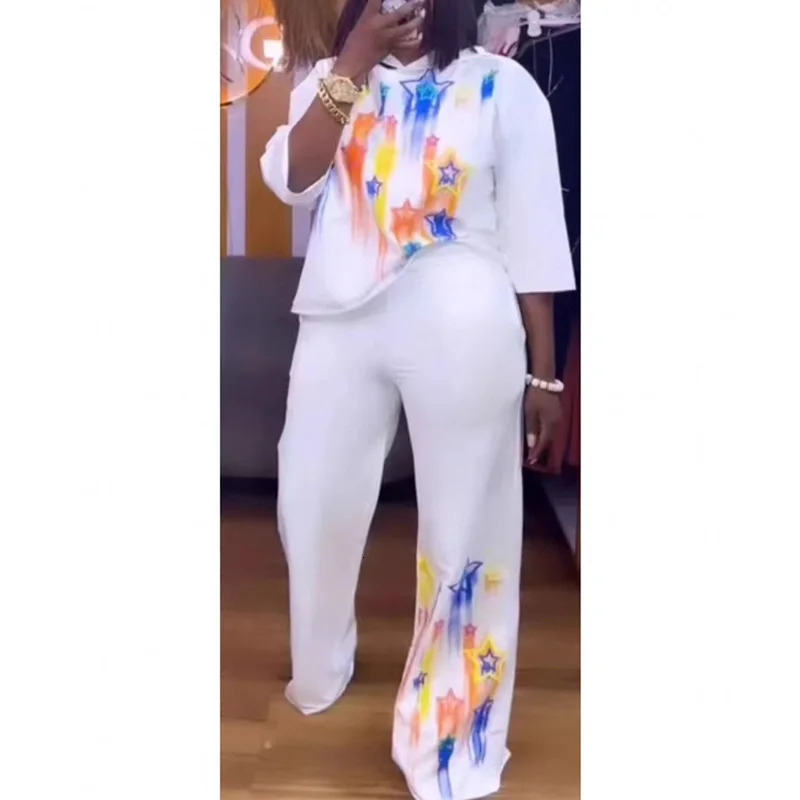 Fashion Women 2 Piece Sets Matching Stripe Printed Two Pieces Hoody Top Pants Suits Outfits Clothing 240710