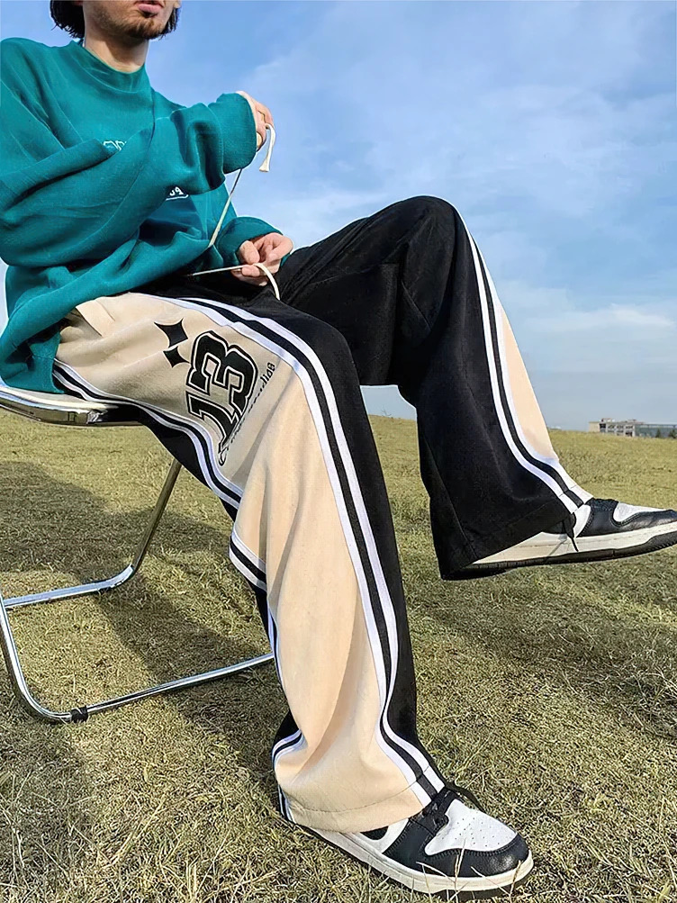 Y2k Preppy Casual Sport Sweatpants Men Streetwear Hip Hop Stripe Straight Long Trousers Oversize Wide Leg Pants 240717