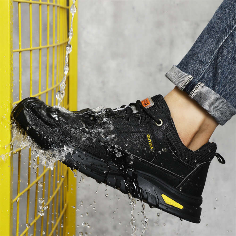 Black Leather Work Safety Waterproof Indestructible Steel Toe Cap Labor Shoes For Men Breathable Anti Smashing Sneakers