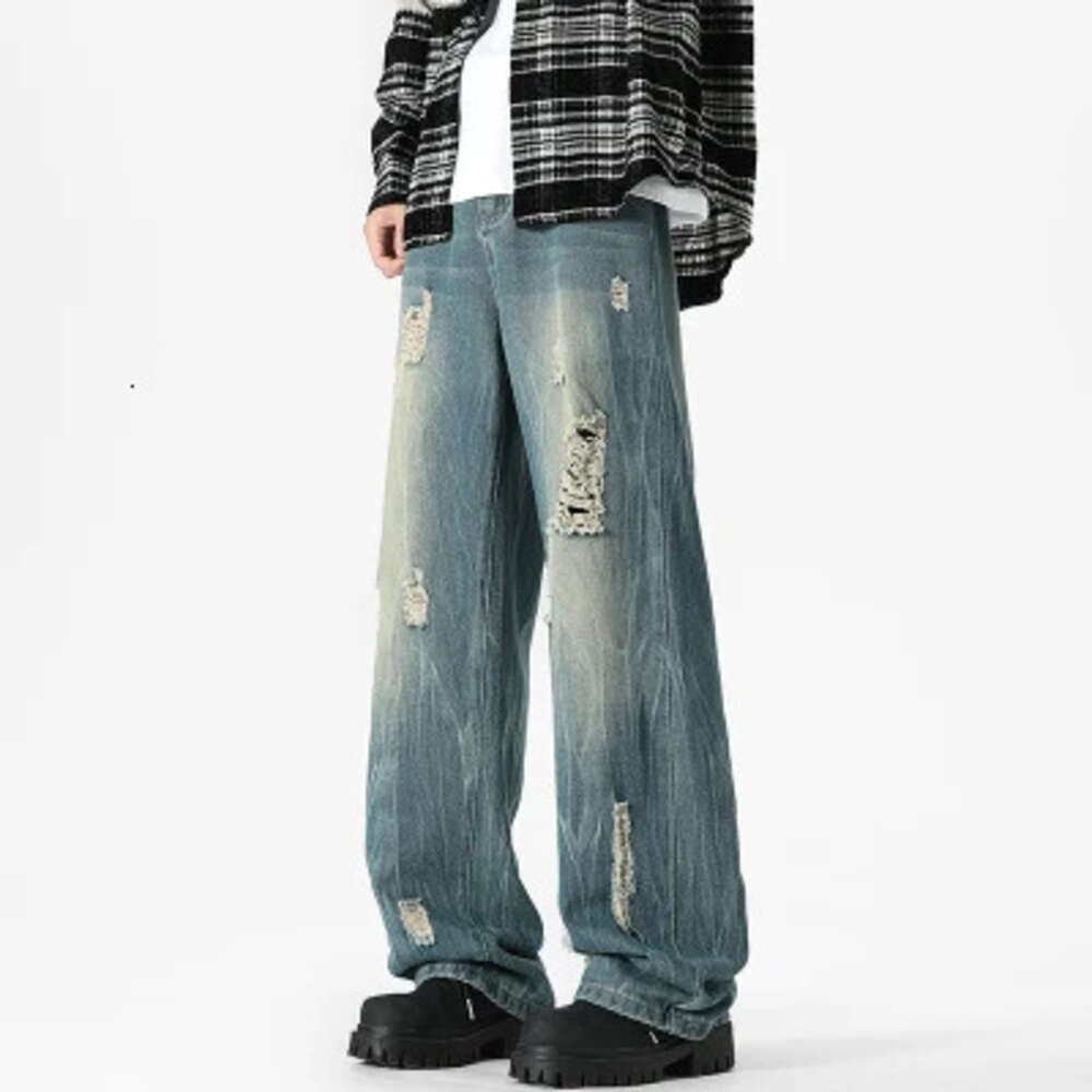 Summer autumn connection Tiktok quality lightning pattern hole dragging denim trousers male