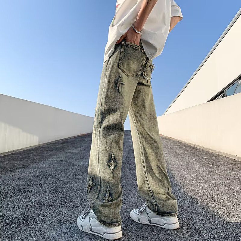 Yellow mud denim jeans straight oversize men's summer trendy brand ruffian handsome micro flared wide leg pants