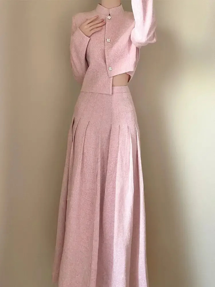 Womens Autumn Fragrant Style Stand Neck Coat Pleat Skirt Half Set Vintage Casual Irregular Two Piece 240715
