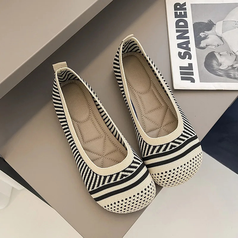 Flat New Heel Casual Women Spring Summer Autumn Knits Ballet Flats Square Toe Trendy Print Moccasins Shoes Barefoot Loafers 240717