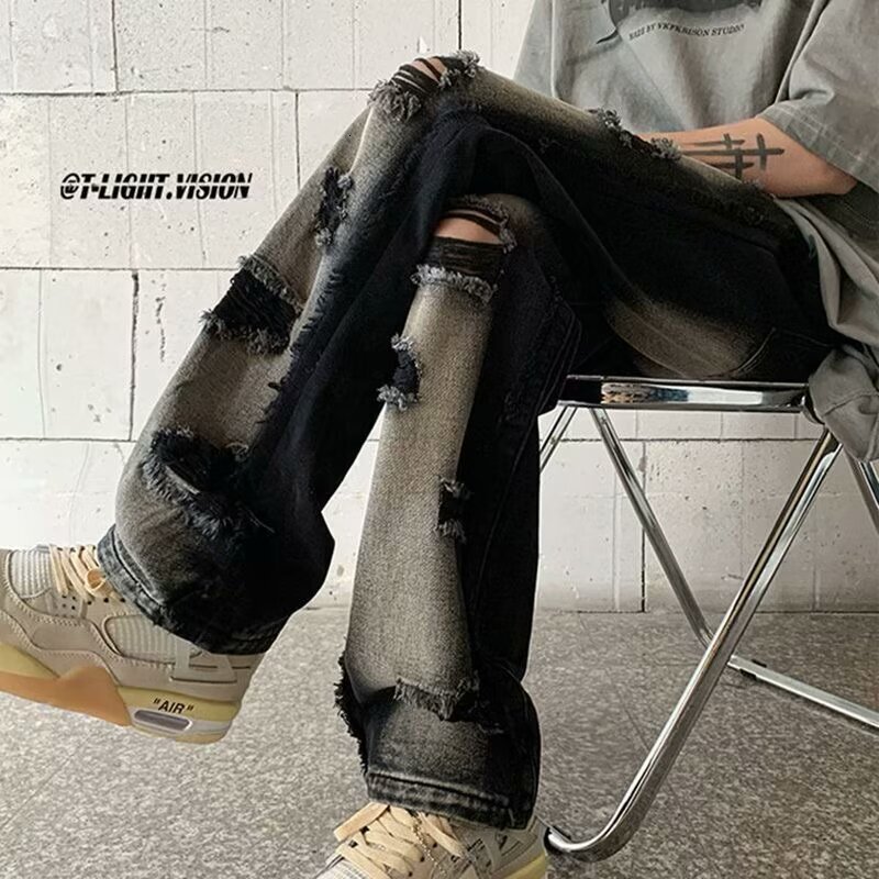 American style jeans for men, summer high ripped beggar pants, rugged and handsome, explosive street, slim fit straight leg pants