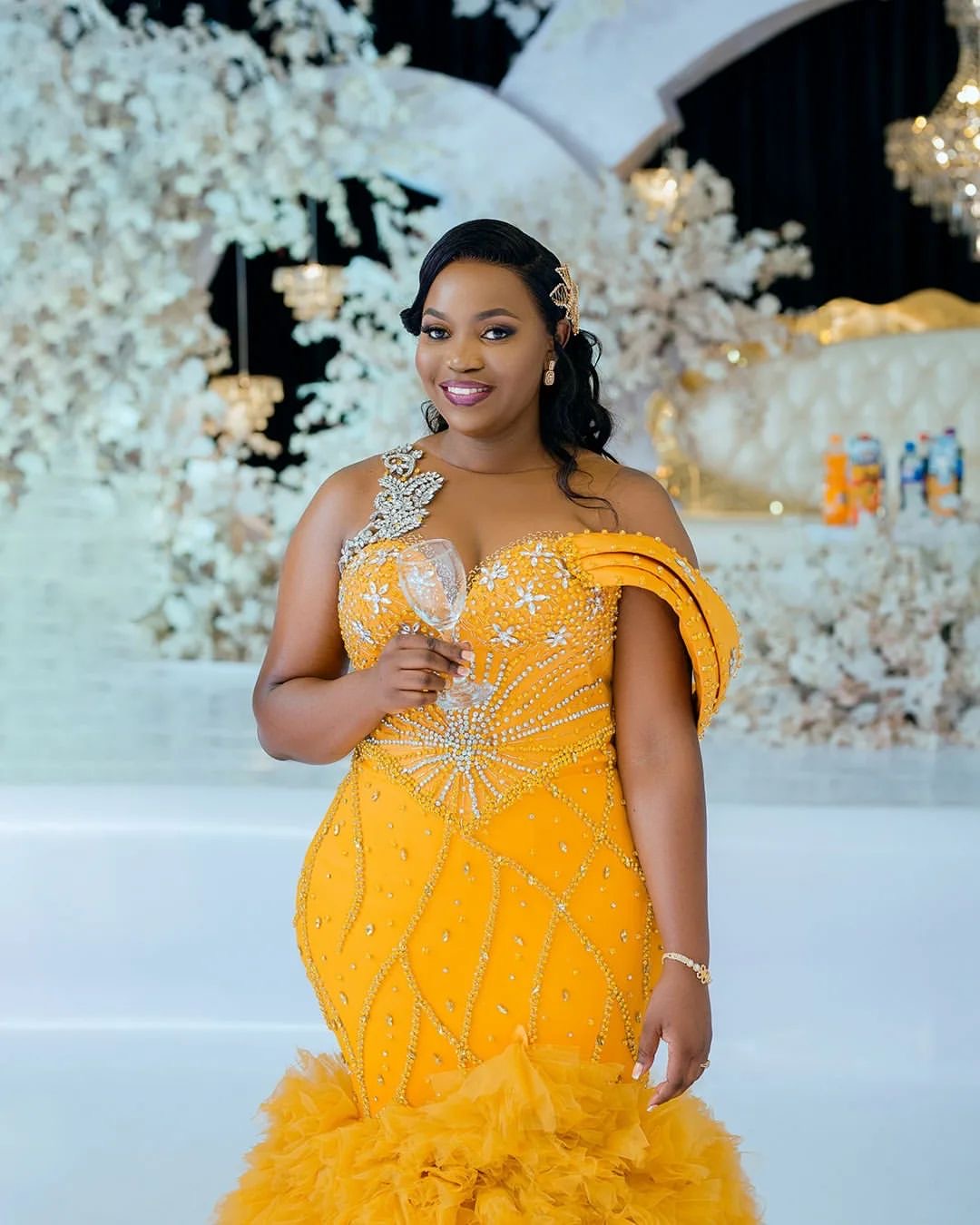 2024 Plus Size Yellow Mermaid Prom Dresses Crystals Promdress Tiers Tulle Evening Formal Party Second Reception Birthday Engagement Gowns Dress Robe D