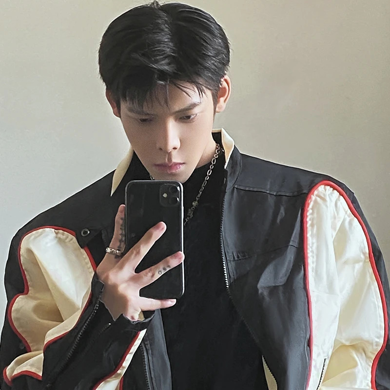 FEWQ American Style High Street Dark Handsome Mens Jacket Top Zipper Contrast Color Round Neck Male Tops Fashion 24X1544 240716