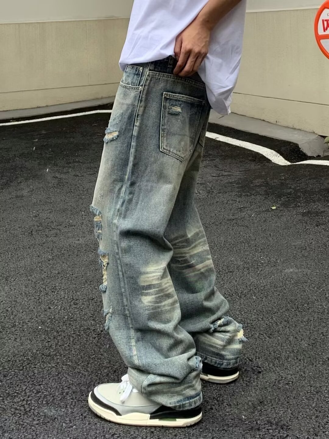 Men's ripped jeans, men's thin straight loose wide leg trendy brand ins high street beggar pants
