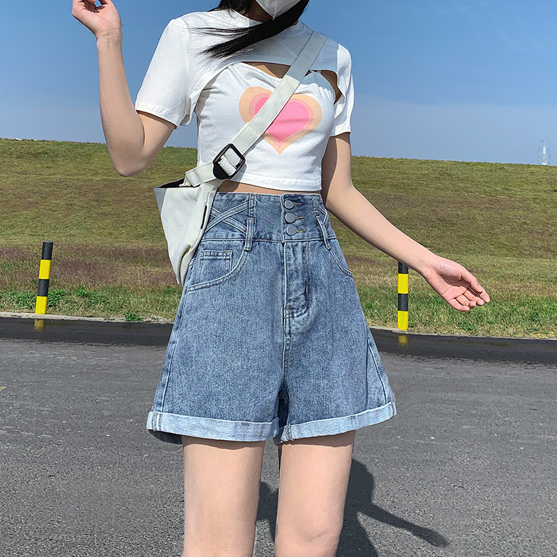 Denim shorts women's loose 2022 new summer thin style black A-line high waist slimming Korean version wide leg hot pants ins