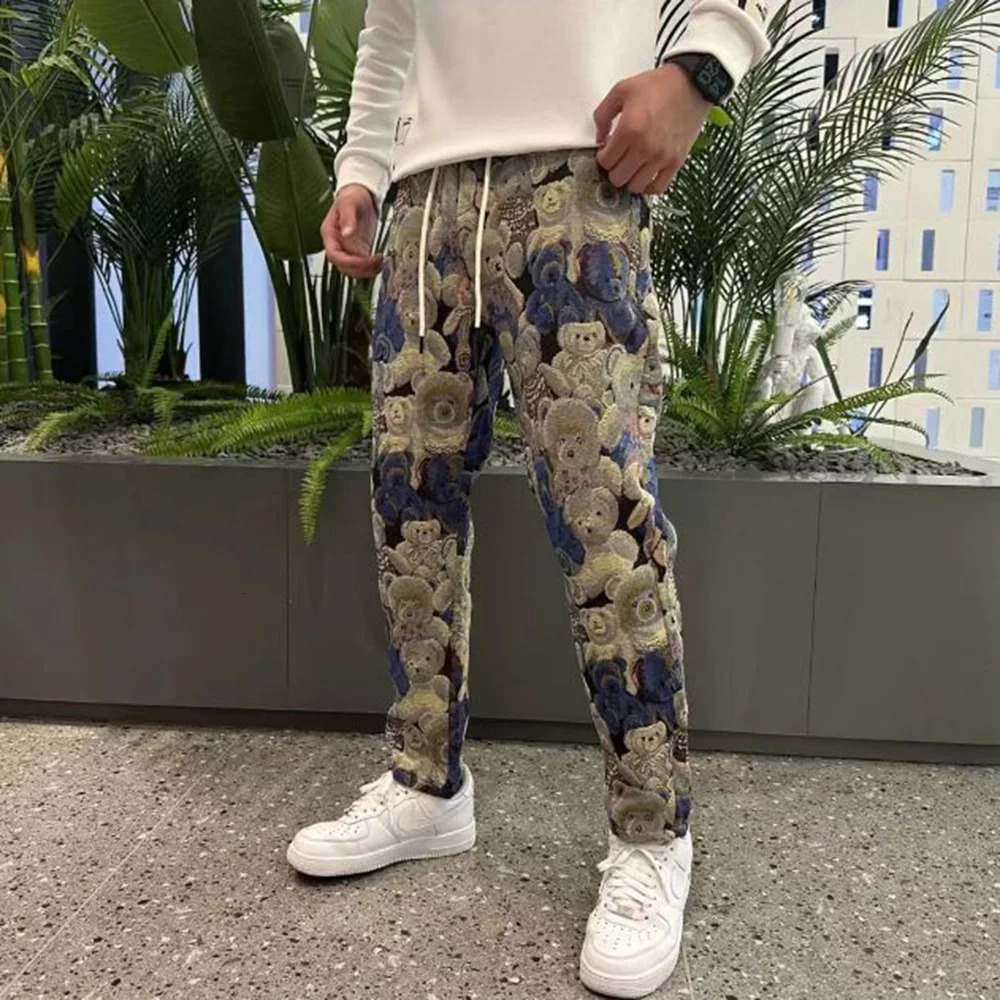 Autumn Mens Bear Embroidered Y2k Ankle-Tied Pants Essential Casual Trendy Youth Fashion Street Slim Leggings For Men 240717