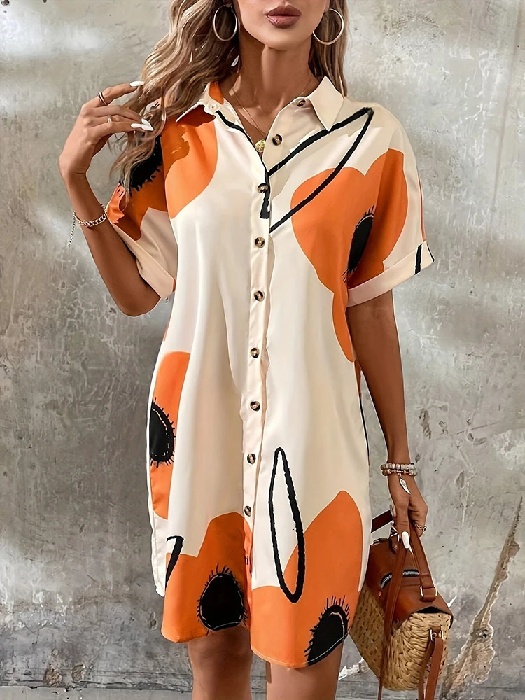2024 Summer Everyday Casual Womens Shortsleeved Shirt Dress Urban Fashion Singlebreasted 3D Printed Elegant 240716