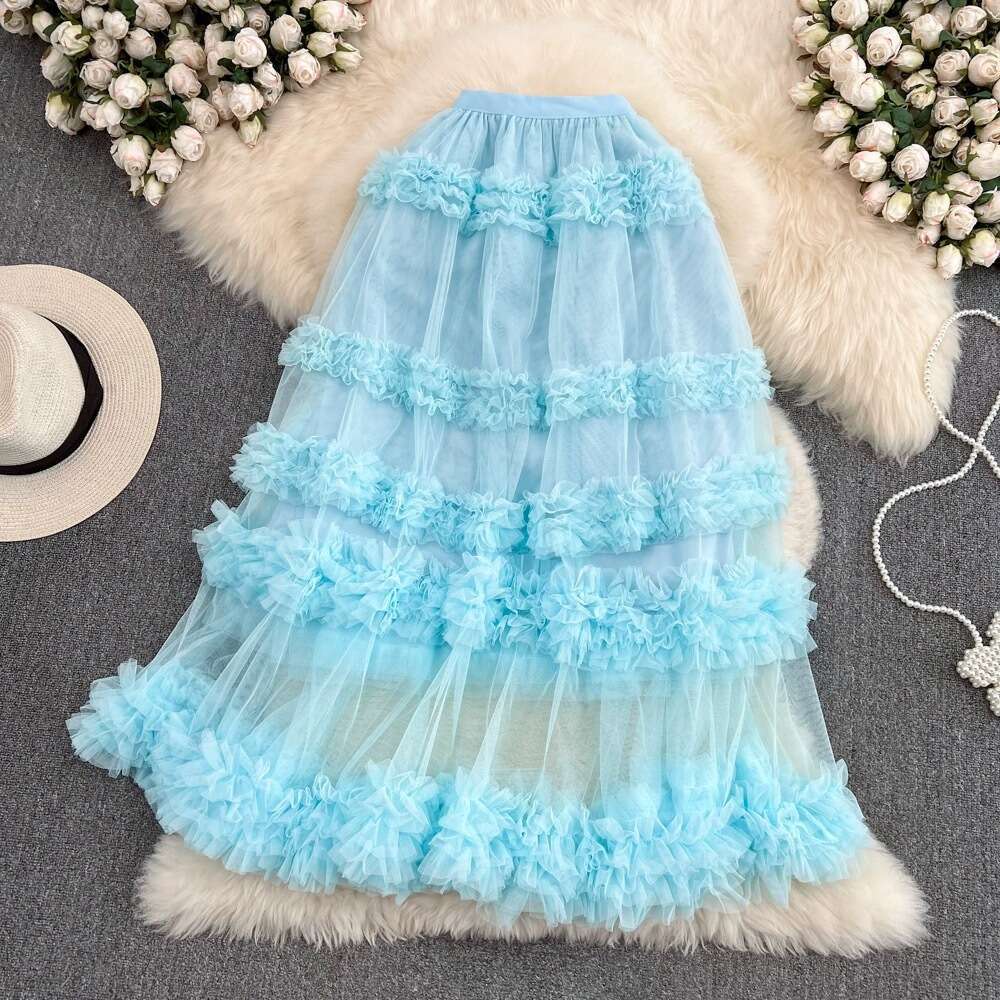 High Waisted Slimming Mesh with Elastic Band, Medium Length Over Knee, Irregular Wood Ear Edge, Super Fairy Cake Skirt for Women Sexy Temperament BOHO