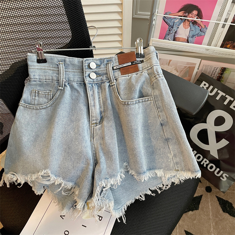 Blue denim shorts for women with high waist fringed edges, summer 2024 new style, loose A-line, slimming, spicy girl hot pants, spring and autumn